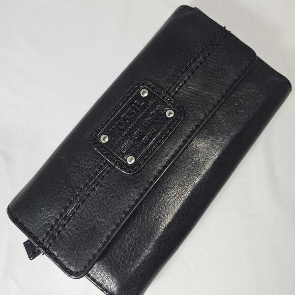 Fossil Long Live Vintage Black Leather Wallet Checkbook Cover 7'' x 4'' - Picture 1 of 8
